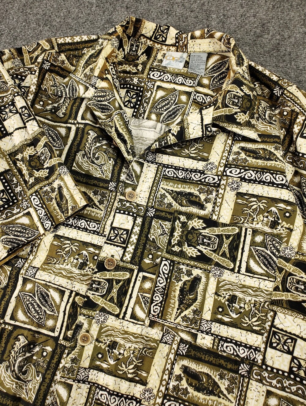 Vintage Ocean Pacific OP Hawaiian Camp Shirt XL Tiki Print Loop Collar Olive
